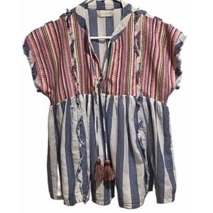 THML Striped Embroidered Tassel V Neck Babydoll Tunic Top Women's Size S